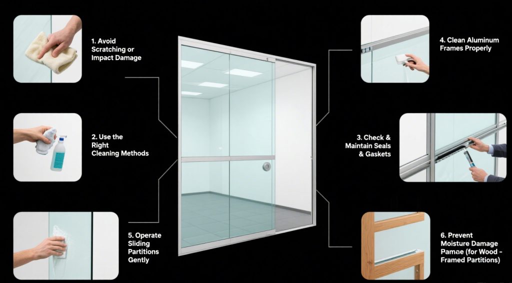 How to Maintain Glass Partition Walls for Longevity，1. Avoid Scratching or Impact Damage，2. Use the Right Cleaning Methods，3. Check & Maintain Seals & Gaskets，4. Clean Aluminum Frames Properly，5. Operate Sliding Partitions Gently，6. Prevent Moisture Damage (for Wood-Framed Partitions)