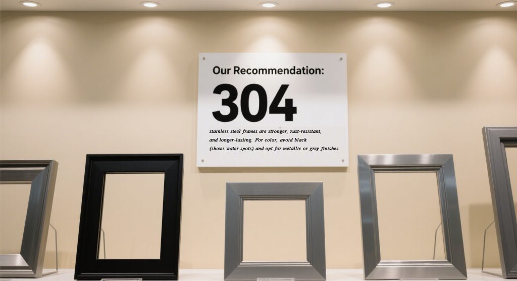 Tagsi's  Recommendation:
304 stainless steel frames are stronger, rust-resistant, and longer-lasting. For color, avoid black (shows water spots) and opt for metallic or grey finishes.