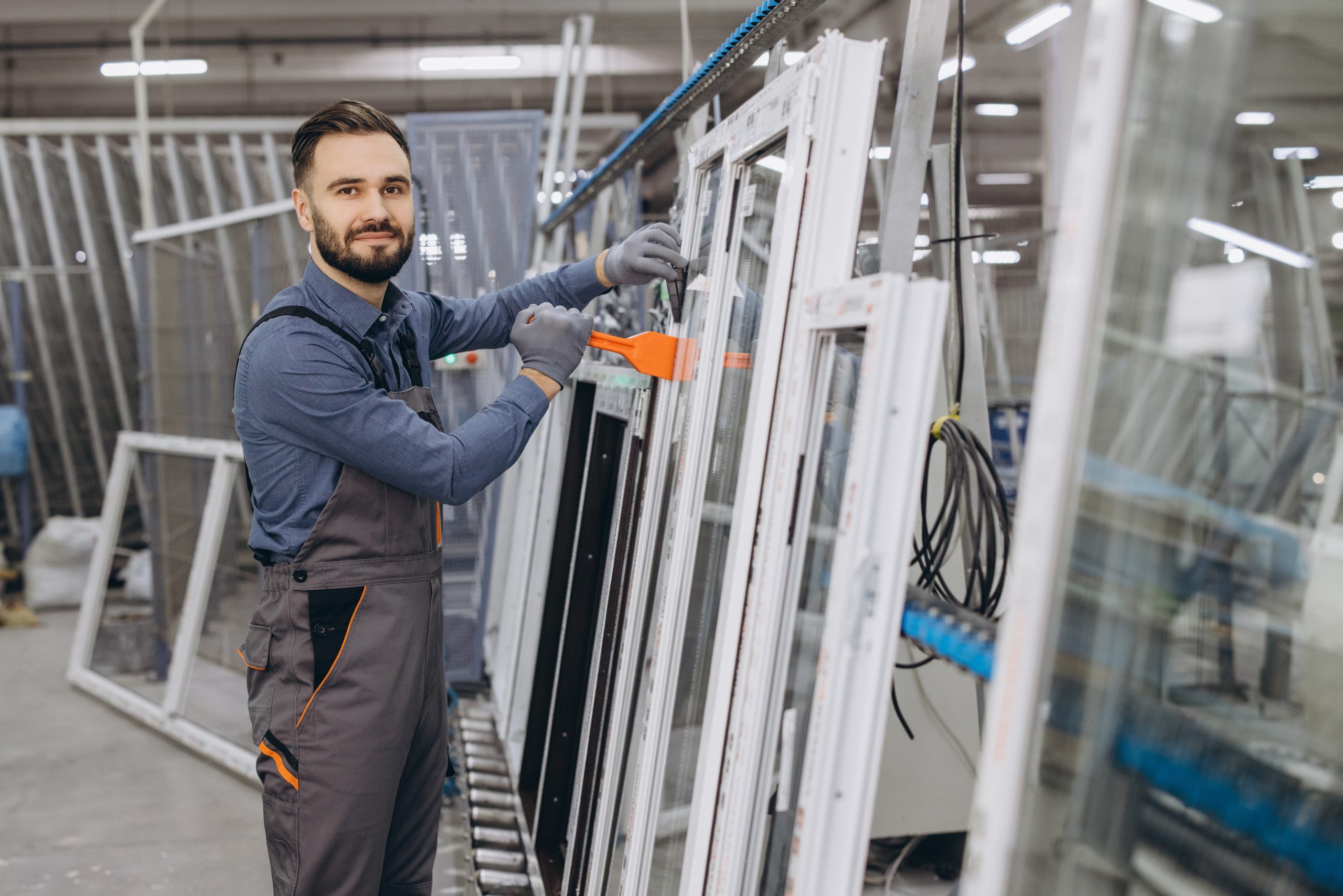 Man in overalls inspecting a window glass frame in a glass company.