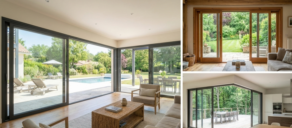 Modern homes with large sliding glass doors opening to patios and gardens.