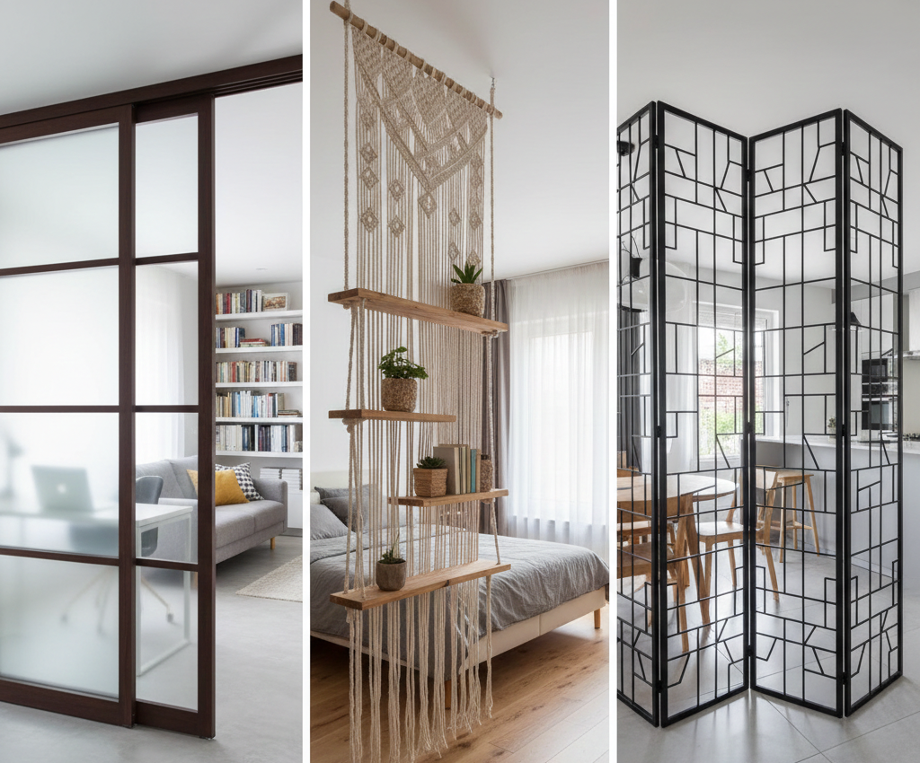 Sliding glass, macrame shelves, and geometric metal screen.