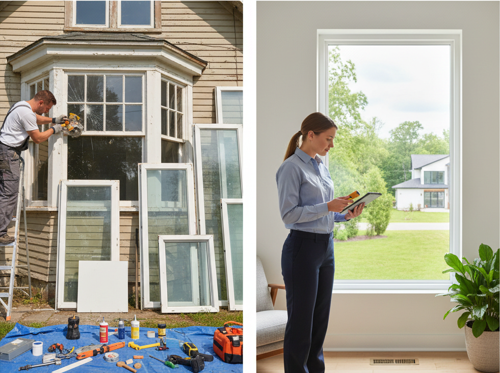 Before and after comparison showing old window replacement with a new, energy-efficient window.